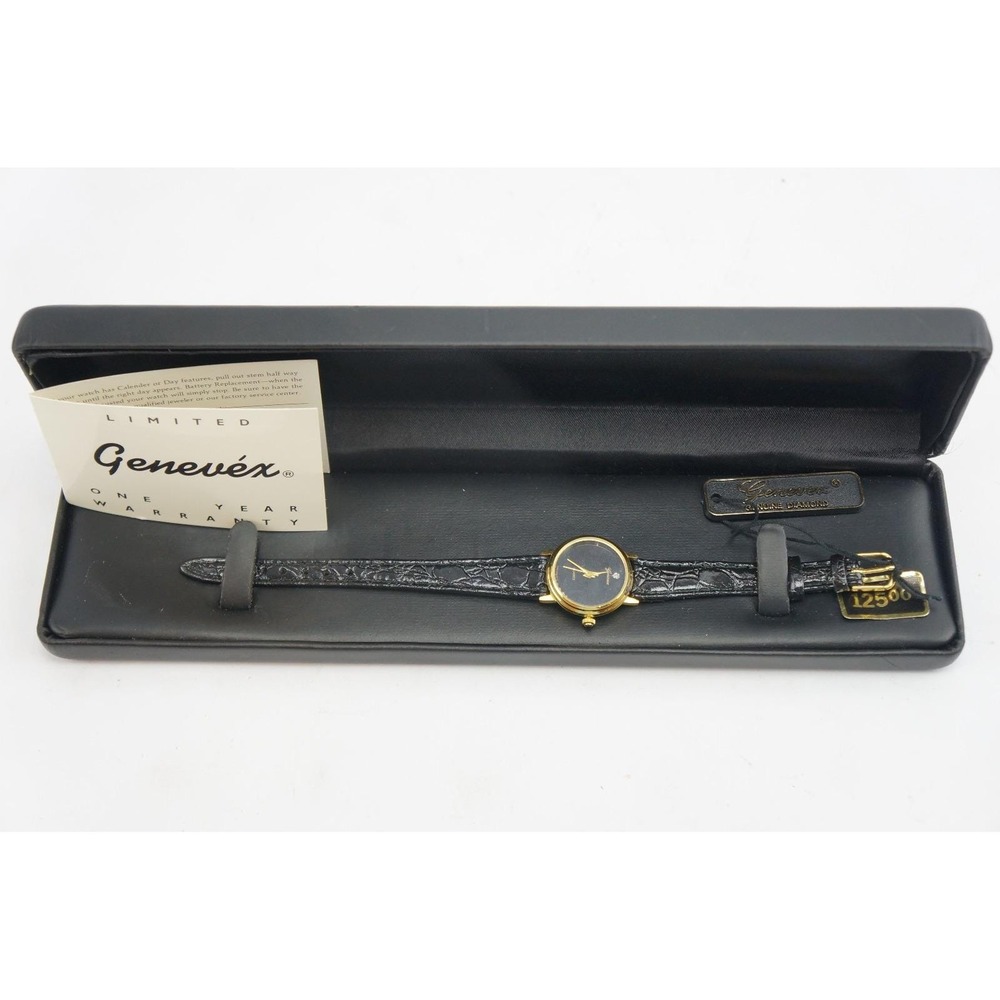 NIB Womens Genevex Diamond Watch Gold Tone Black Dial Faux Leather Band Battery